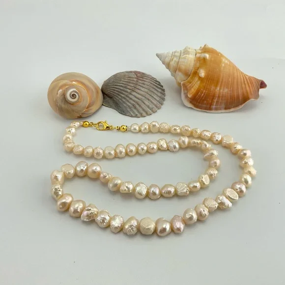 White Keshi Baroque Pearl Necklace with Gold Plated Clasp,19 1/2” Long